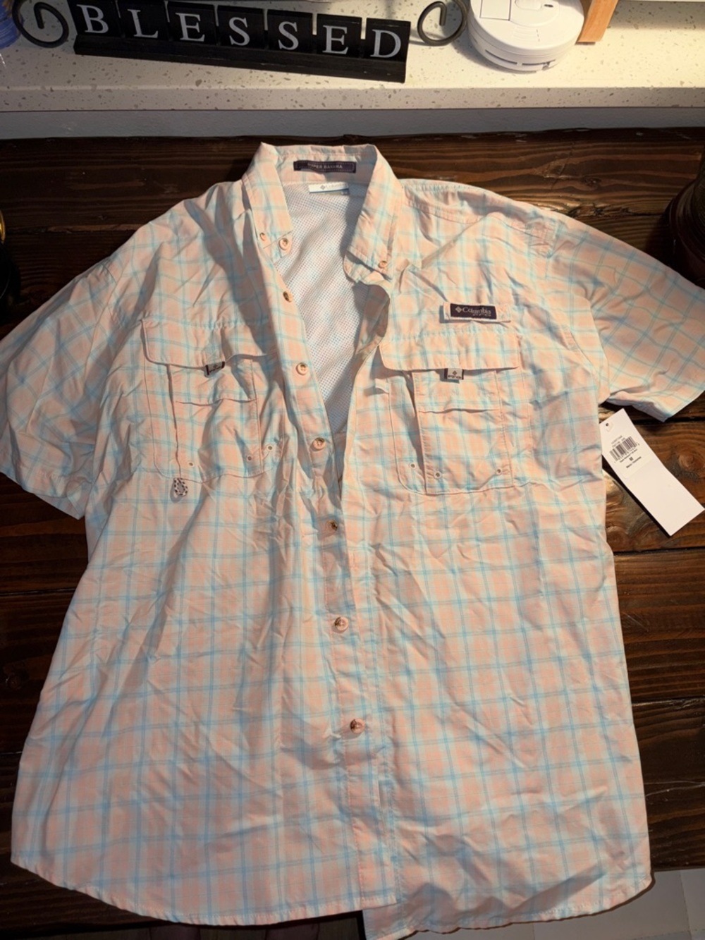 Columbia Men’s Short-Sleeve Plaid Shirt - Light Blue & Peach